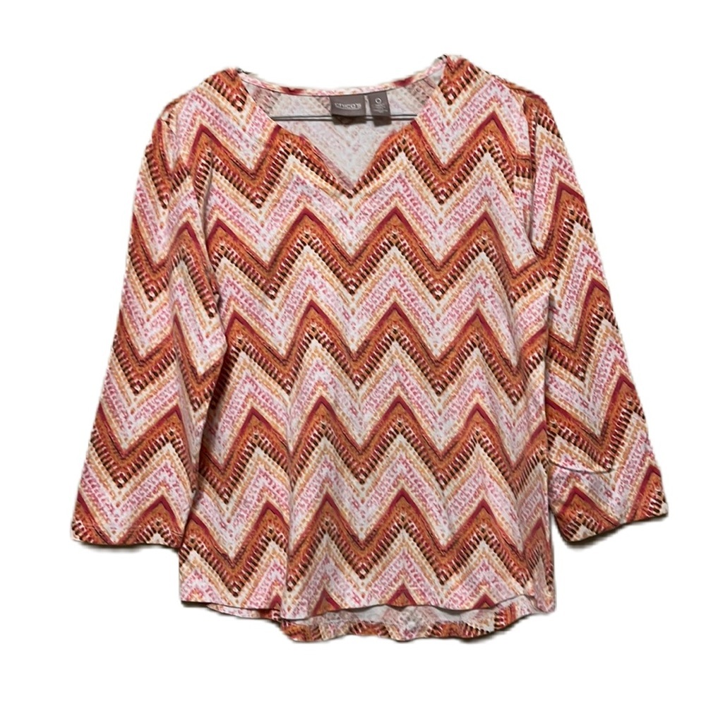 Women’s CHICO’S, V-Neck, 3/4 Sleeves, Uneven Hem Top, Multi Colors, Size 0